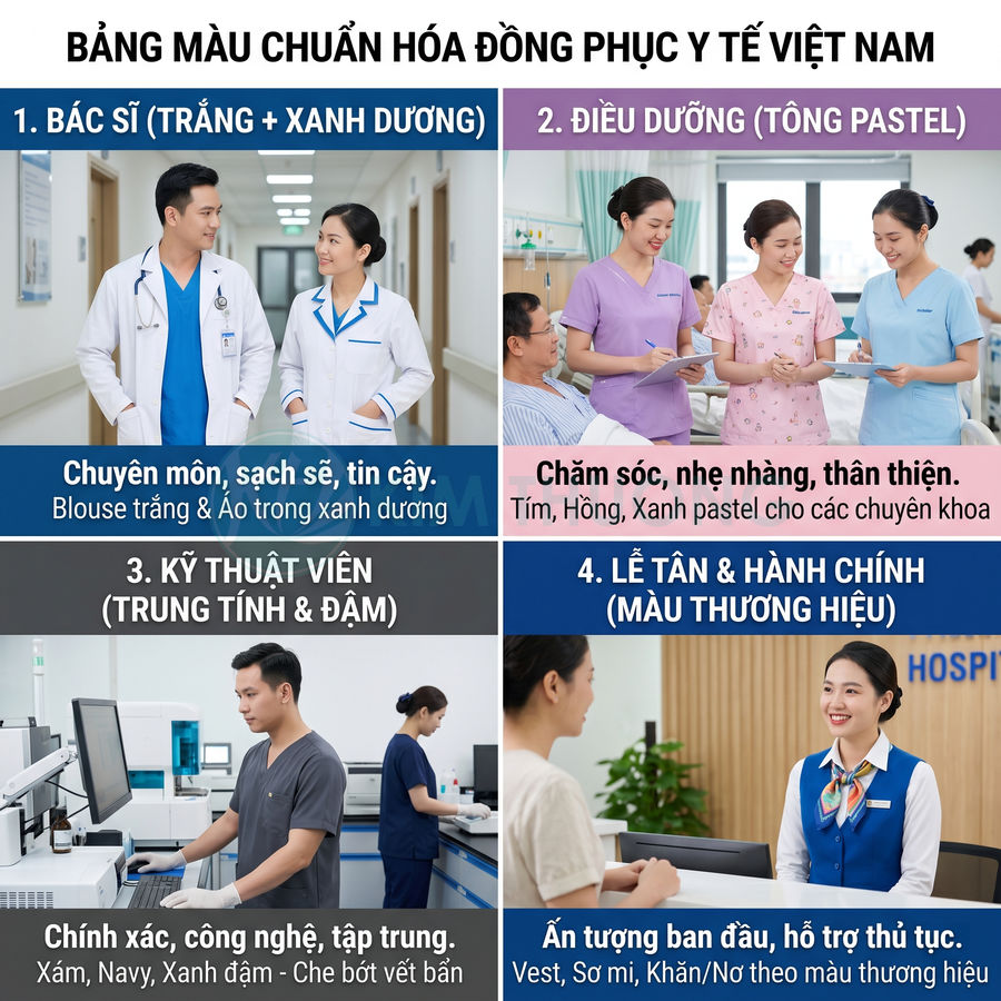 Bảng màu chuẩn hóa đồng phục y tế Việt Nam cho bác sĩ, điều dưỡng, kỹ thuật viên và lễ tân