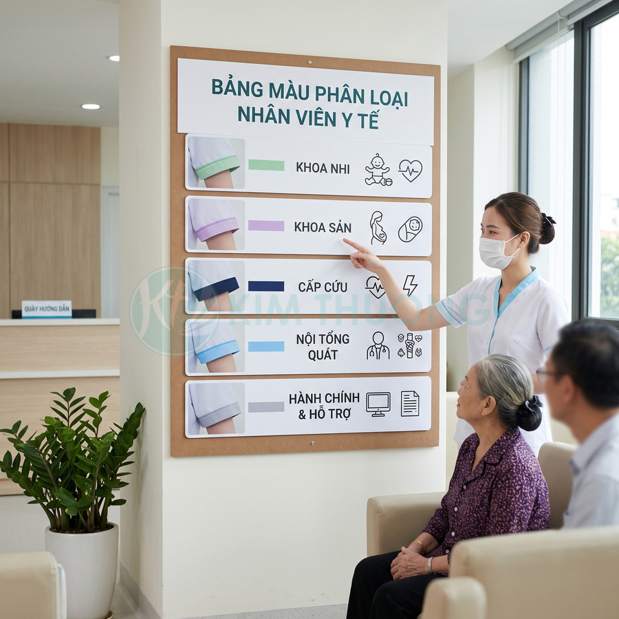 Điều dưỡng đeo khẩu trang hướng dẫn bệnh nhân xem bảng màu phân loại nhân viên y tế trong bệnh viện
