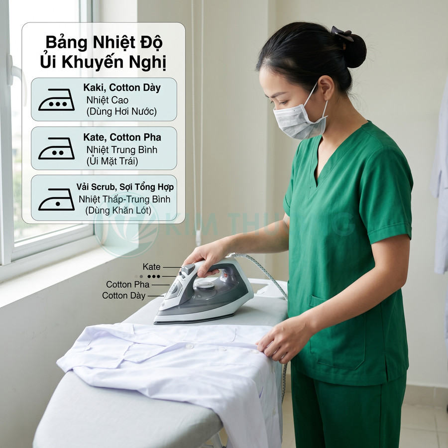 Nhân viên y tế dùng bàn ủi hơi nước ủi áo blouse trắng trên bàn kèm bảng hướng dẫn nhiệt độ ủi