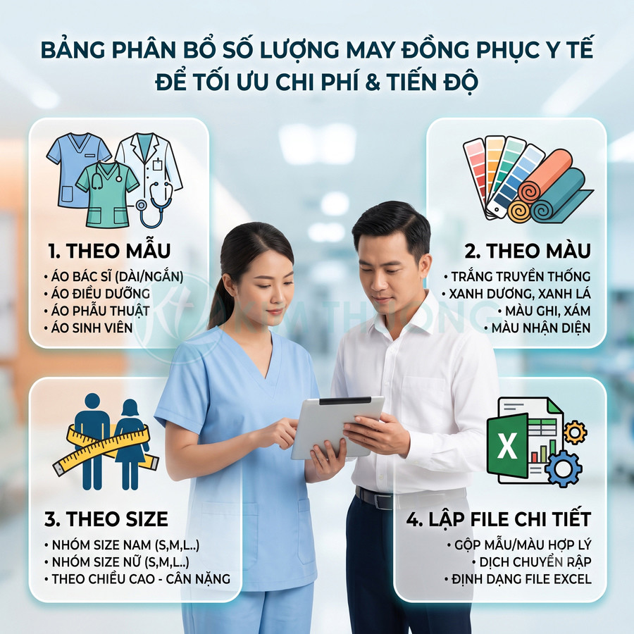 Nhân viên y tế mặc đồng phục bệnh viện màu xanh trao đổi kế hoạch may đo trên máy tính bảng