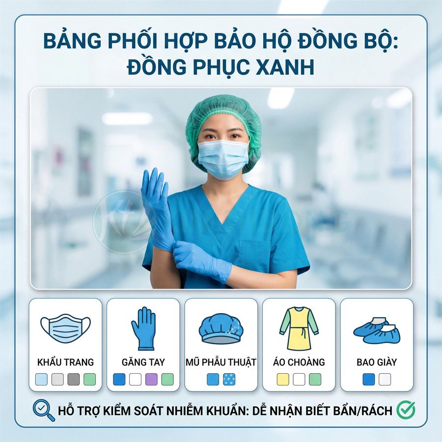 Nhân viên y tế mặc đồng phục xanh, đeo khẩu trang, mũ phẫu thuật và găng tay bảo hộ trong bệnh viện