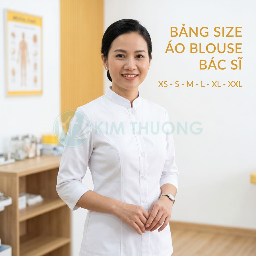 Áo blouse bác sĩ tay lửng màu trắng Kim Thương form đứng cho nữ trong phòng khám