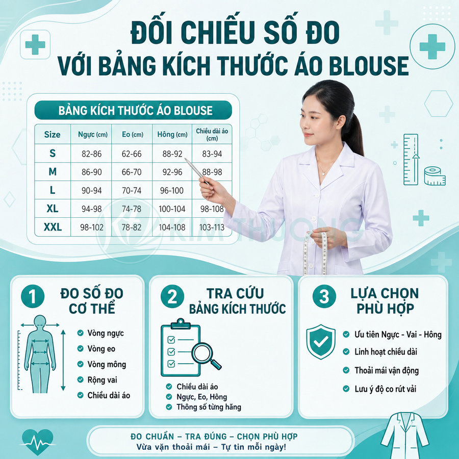 Bảng size áo blouse y khoa với nữ bác sĩ cầm thước dây hướng dẫn đo số đo cơ thể
