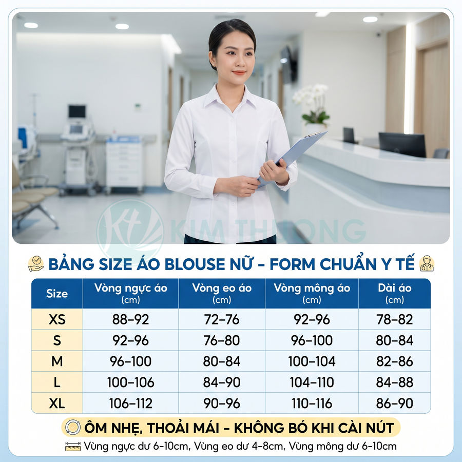 Bảng size áo blouse nữ form chuẩn y tế Kim Thông với số đo vòng ngực eo mông và chiều dài áo