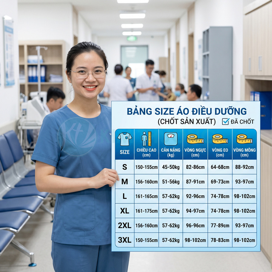 Nữ điều dưỡng mặc đồng phục y tế xanh cầm bảng size áo điều dưỡng chi tiết trong hành lang bệnh viện