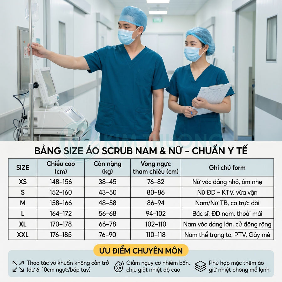 Bảng size áo scrub y tế nam nữ kèm hình bác sĩ mặc đồng phục phẫu thuật màu xanh trong bệnh viện