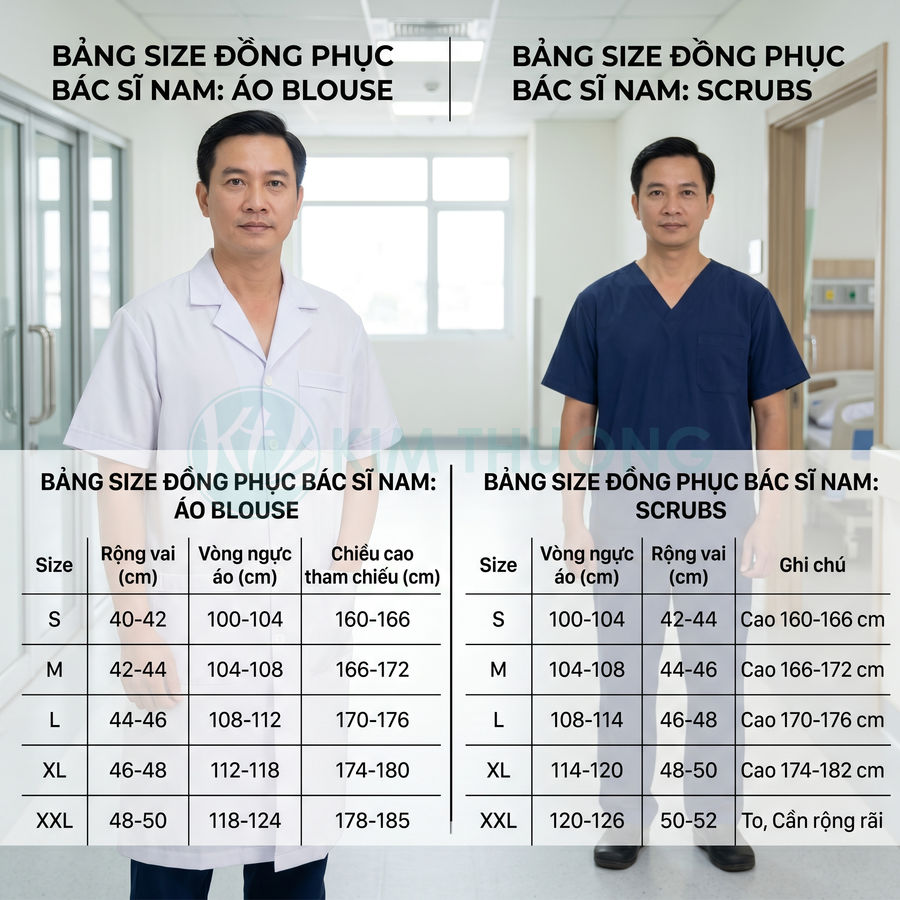 Bảng size đồng phục bác sĩ nam với mẫu áo blouse trắng và bộ scrubs xanh navy trên người mẫu nam