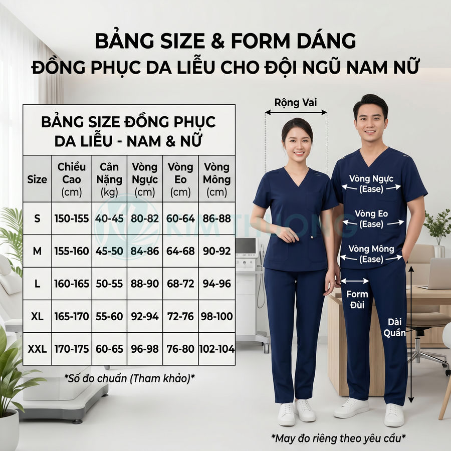 Bảng size đồng phục da liễu nam nữ kèm mẫu người mặc bộ scrub y tế màu xanh navy