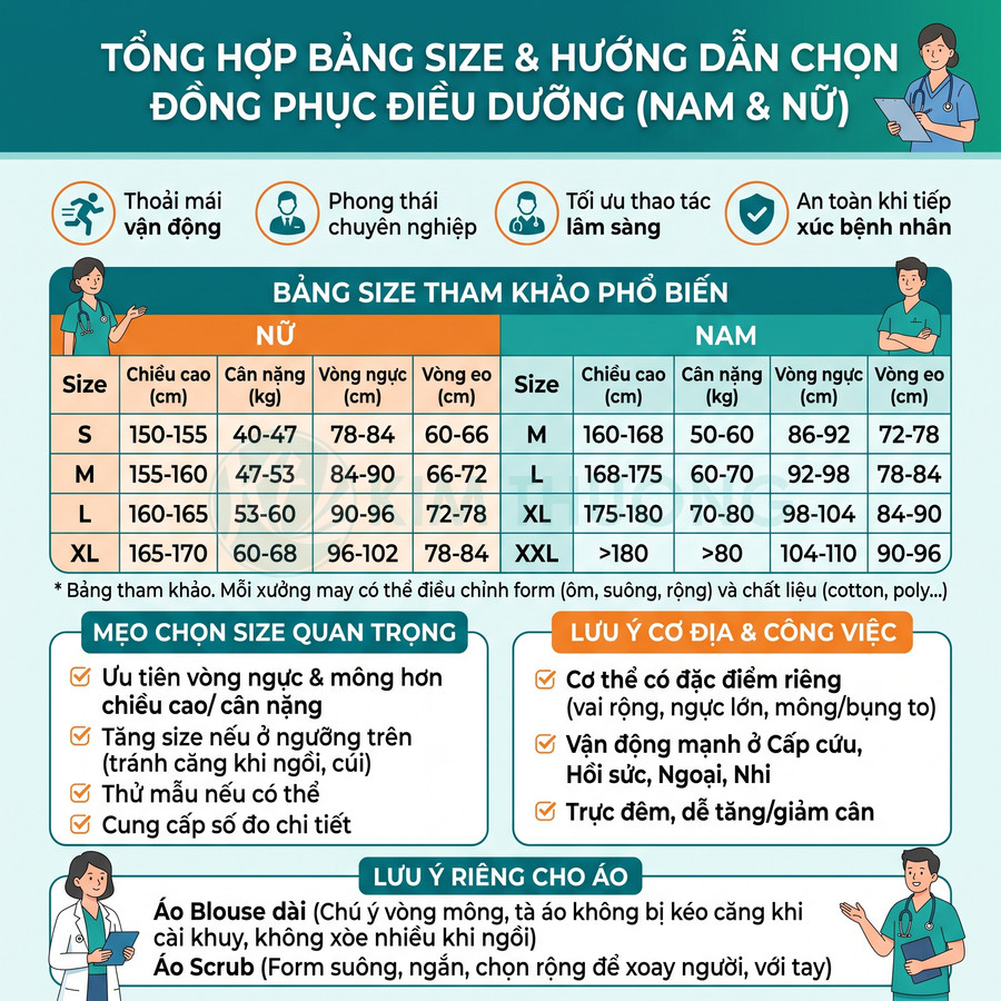 Bảng size và hướng dẫn chọn đồng phục điều dưỡng nam nữ với số đo chiều cao cân nặng vòng ngực eo