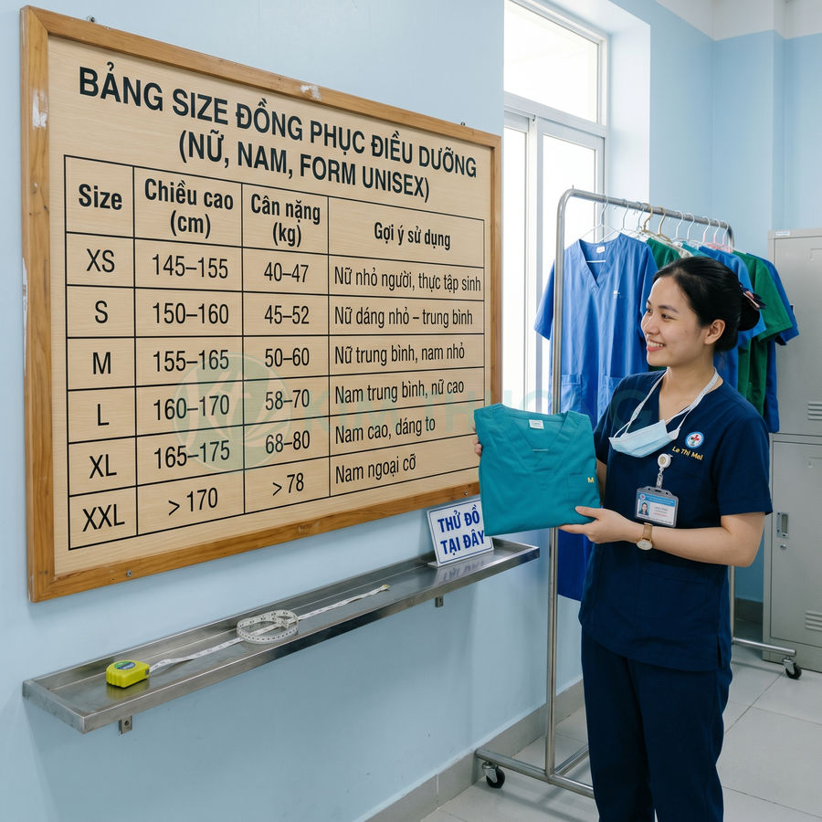 Bảng size đồng phục điều dưỡng unisex và nữ điều dưỡng cầm bộ scrub màu xanh trong phòng thay đồ