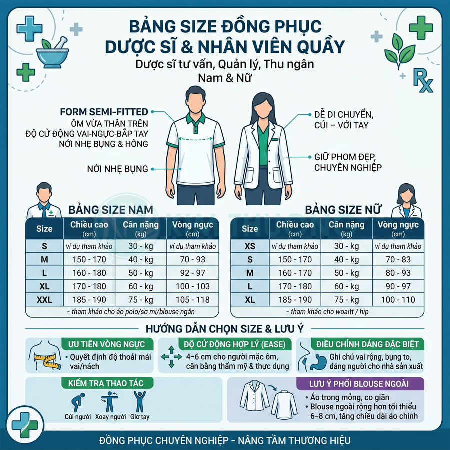 Bảng size đồng phục dược sĩ và nhân viên quầy nam nữ với hướng dẫn chọn size theo chiều cao cân nặng vòng ngực