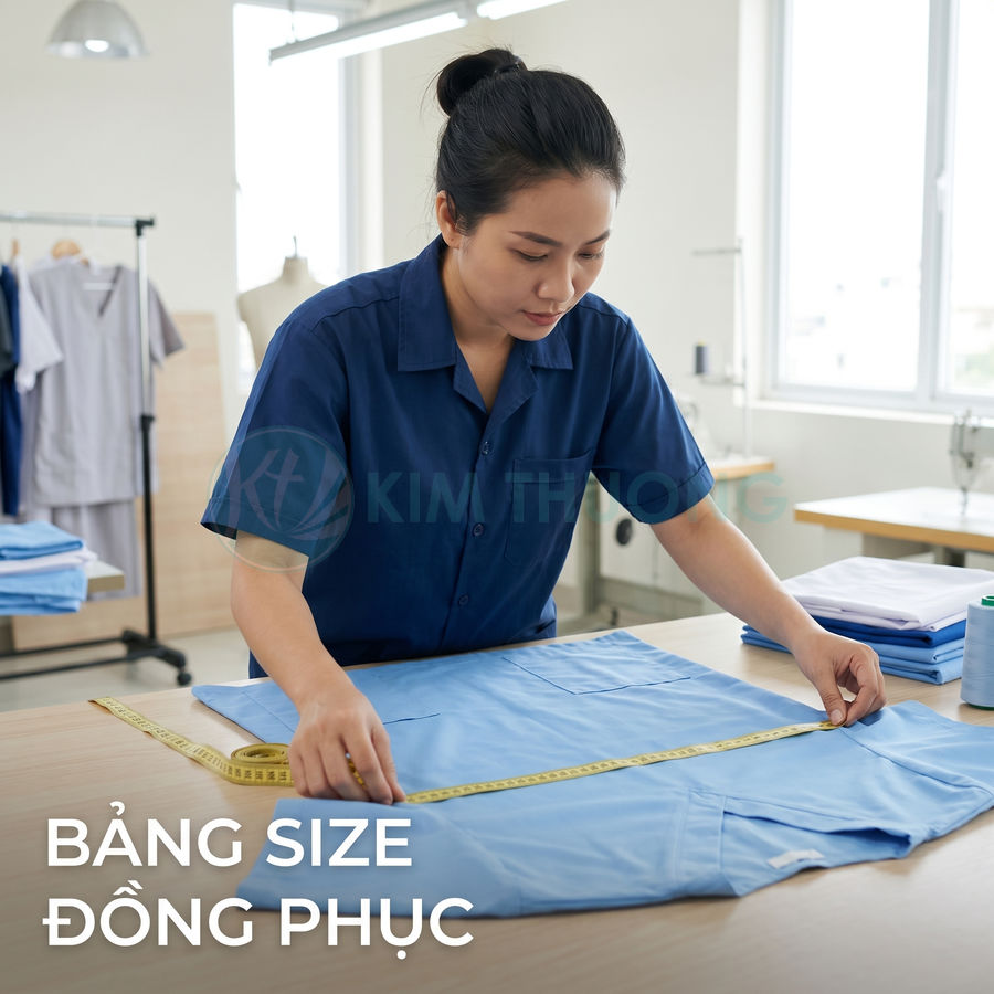 Nhân viên may đo kích thước áo đồng phục màu xanh bằng thước dây trên bàn làm việc