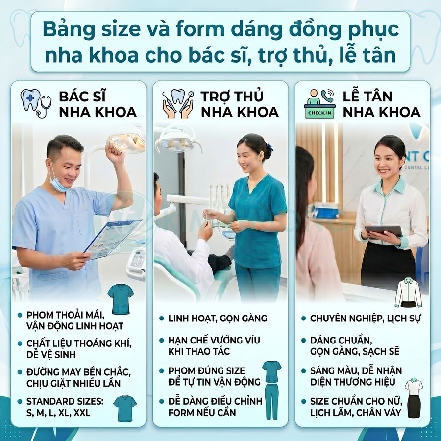 Đồng phục nha khoa cho bác sĩ, trợ thủ và lễ tân với các kiểu áo quần chuyên nghiệp, gọn gàng, sạch sẽ