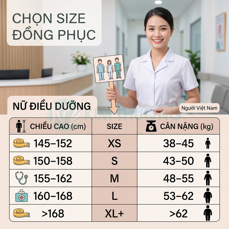 Bảng chọn size đồng phục nữ điều dưỡng theo chiều cao cân nặng kèm mẫu điều dưỡng mặc áo trắng