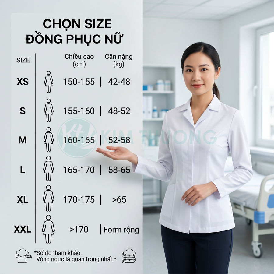 Bảng chọn size đồng phục nữ kèm người mẫu mặc áo blouse trắng đứng trong phòng khám