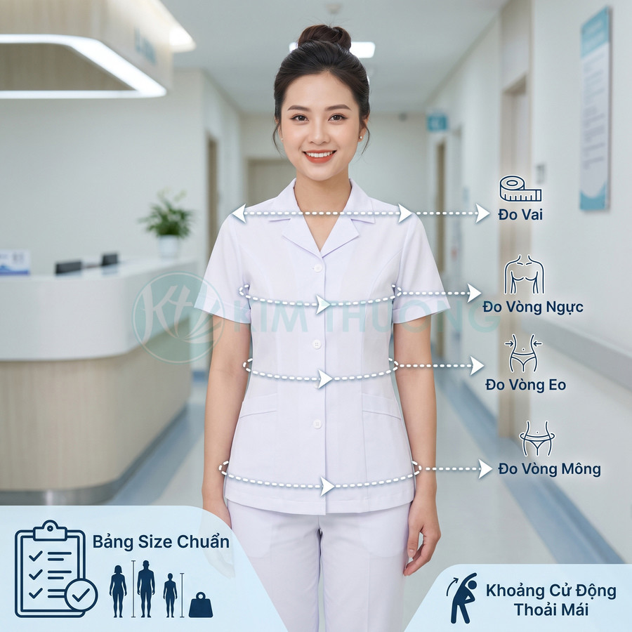 Đồng phục y tá nữ màu trắng với hướng dẫn đo vai, vòng ngực, vòng eo và vòng mông để chọn size