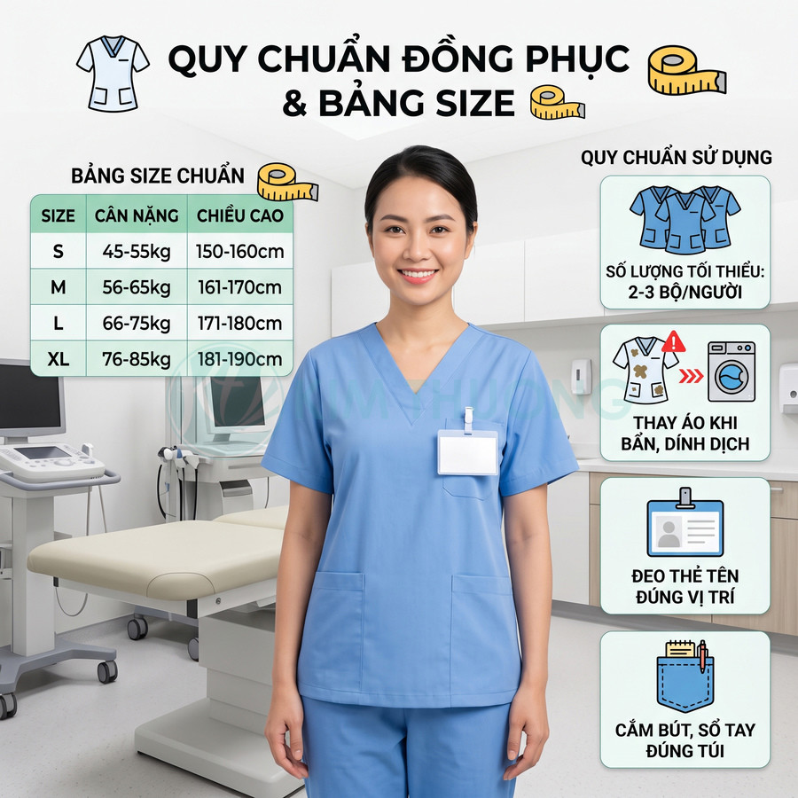 Nữ nhân viên y tế mặc đồng phục scrub xanh dương đứng trong phòng khám hiện đại, bảng size đồng phục bên cạnh