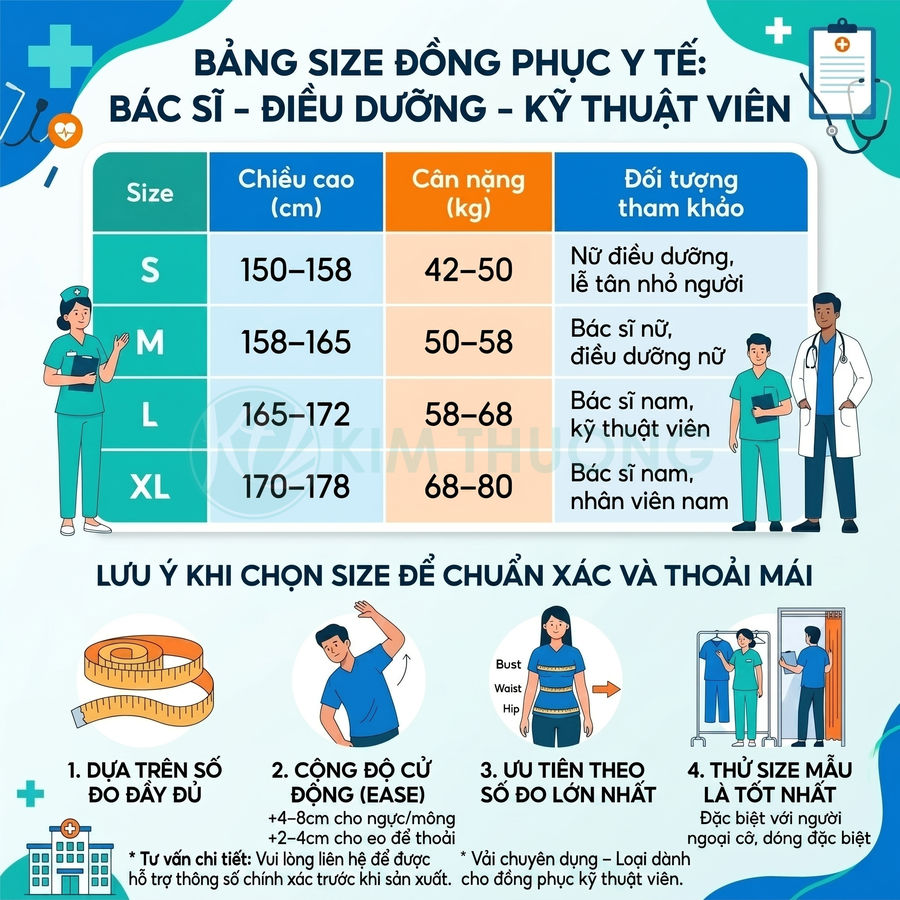 Bảng size đồng phục y tế bác sĩ điều dưỡng kỹ thuật viên theo chiều cao và cân nặng