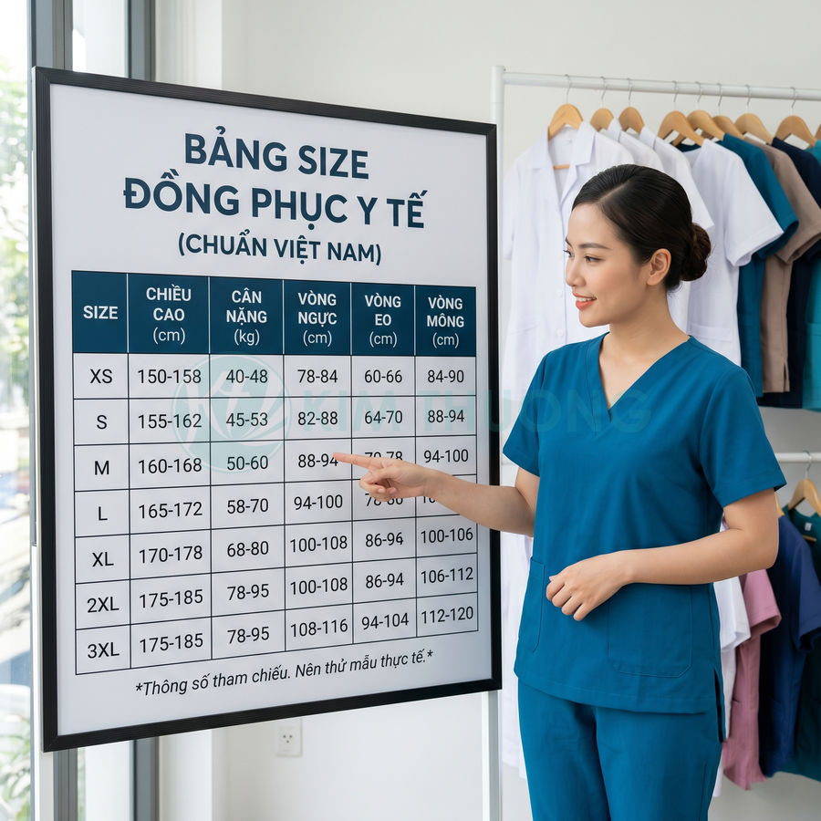 Nhân viên y tế mặc đồng phục màu xanh chỉ vào bảng size đồng phục y tế chuẩn Việt Nam