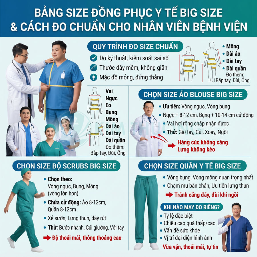 Bảng hướng dẫn chọn size đồng phục y tế big size cho bác sĩ, y tá với áo blouse, bộ scrubs và quần y tế