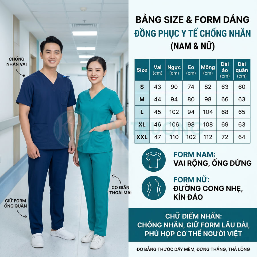 Đồng phục y tế nam nữ chống nhăn màu xanh, form rộng thoải mái, bảng size chi tiết cho nhiều số đo