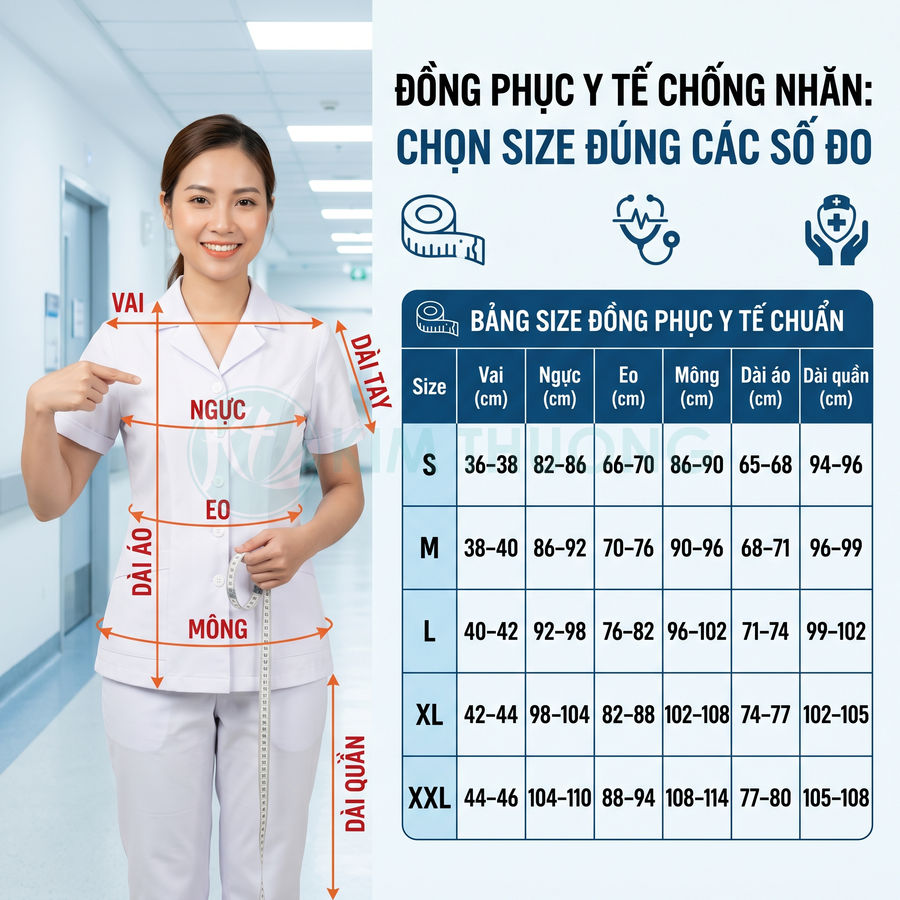 Bảng size đồng phục y tế nữ chống nhăn với hướng dẫn đo vai ngực eo mông dài áo và quần