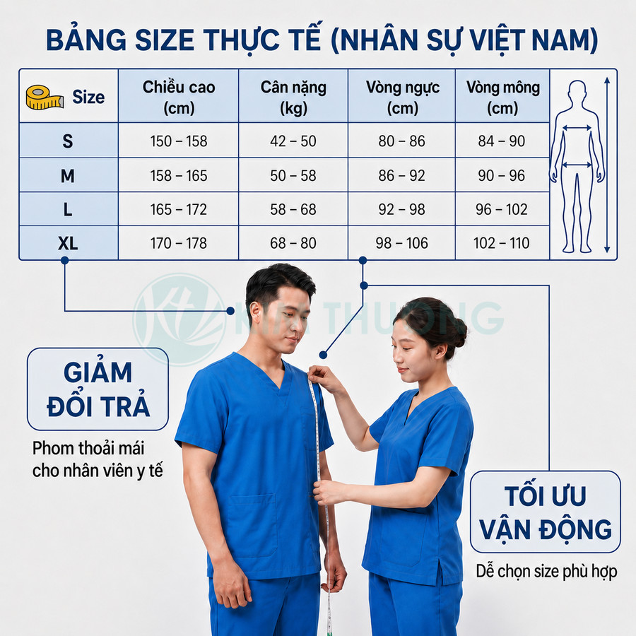 Bảng size đồng phục y tế màu xanh cho nhân viên Việt Nam kèm hình hai người mặc và đo chiều cao