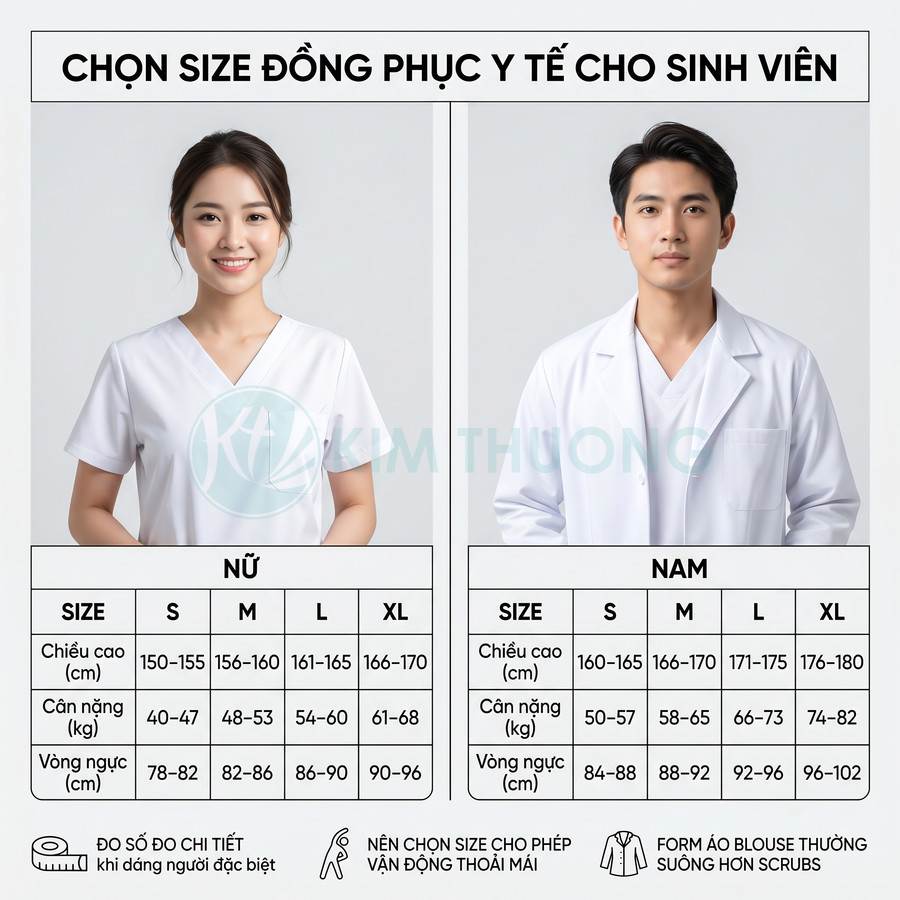 Bảng chọn size đồng phục y tế cho sinh viên nam nữ với mẫu áo blouse trắng Kim Thương
