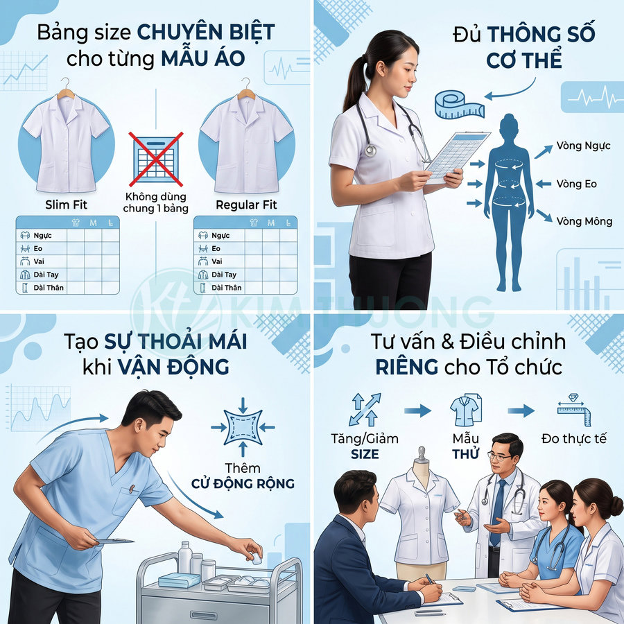 Đồng phục y tế với bảng size riêng theo kiểu dáng, hướng dẫn đo cơ thể và tư vấn chỉnh size cho nhân viên