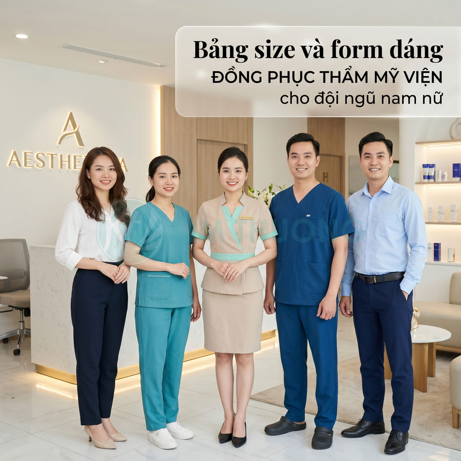Đồng phục thẩm mỹ viện cho đội ngũ nhân viên nam nữ đứng trong sảnh Aestheva