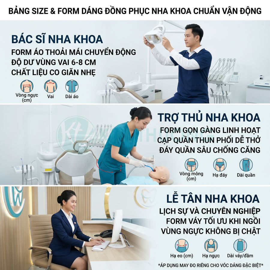 Bảng size và form dáng đồng phục nha khoa cho bác sĩ, trợ thủ và lễ tân trong phòng khám hiện đại