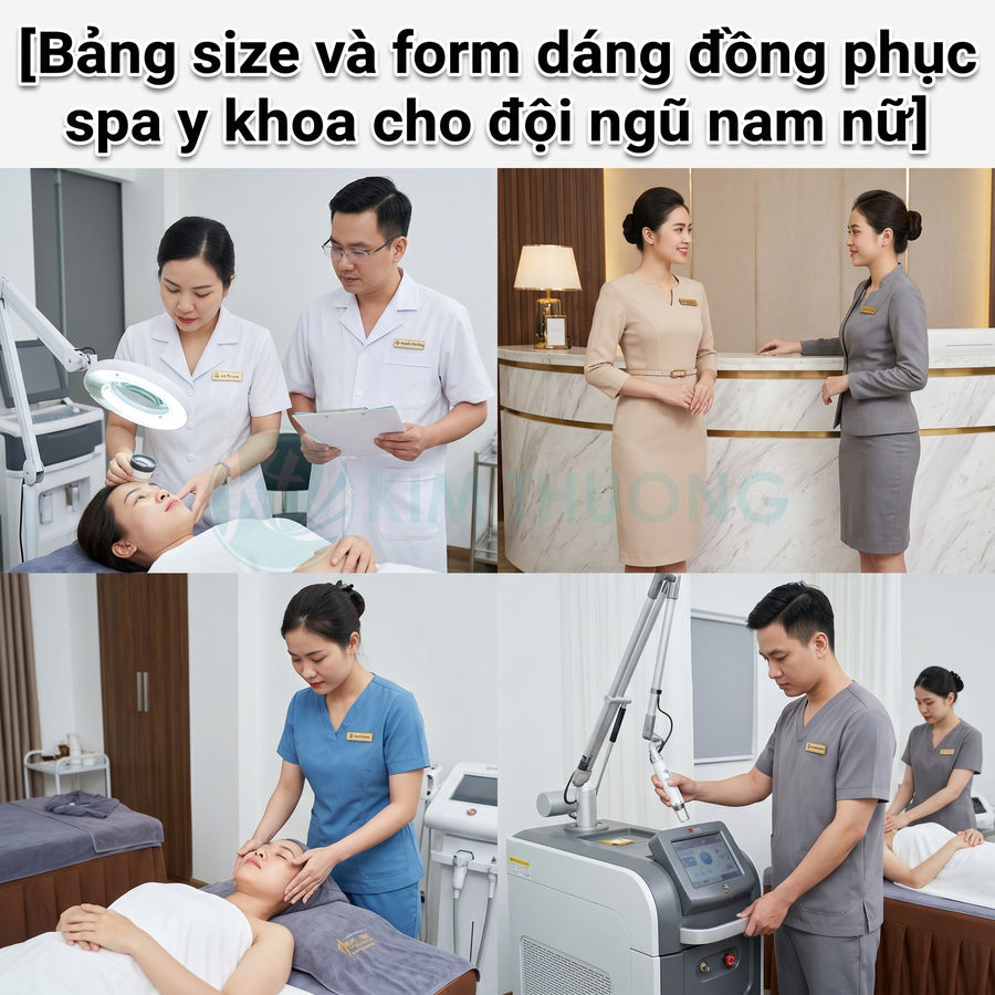 Đồng phục spa y khoa cho nhân viên nam nữ trong phòng khám và khu lễ tân hiện đại