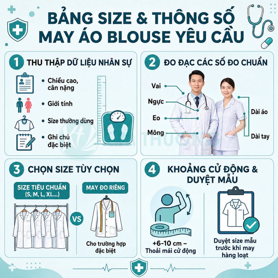Hướng dẫn đo size và thông số may áo blouse y tế theo yêu cầu cho nhân viên bệnh viện
