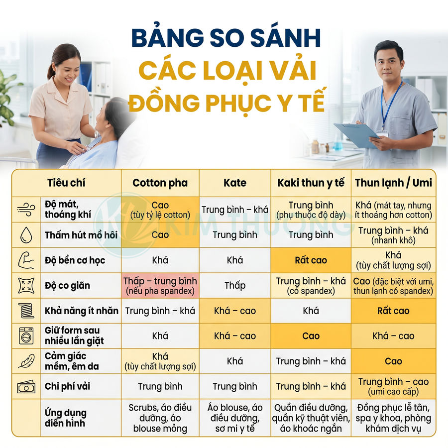Bảng so sánh các loại vải đồng phục y tế cotton pha, kate, kaki thun y tế và thun lạnh Umi