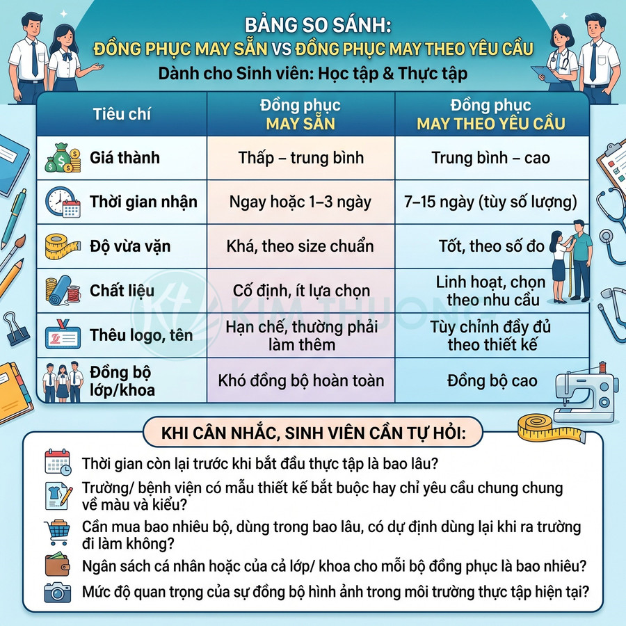 Bảng so sánh đồng phục may sẵn và đồng phục may theo yêu cầu dành cho sinh viên học tập thực tập
