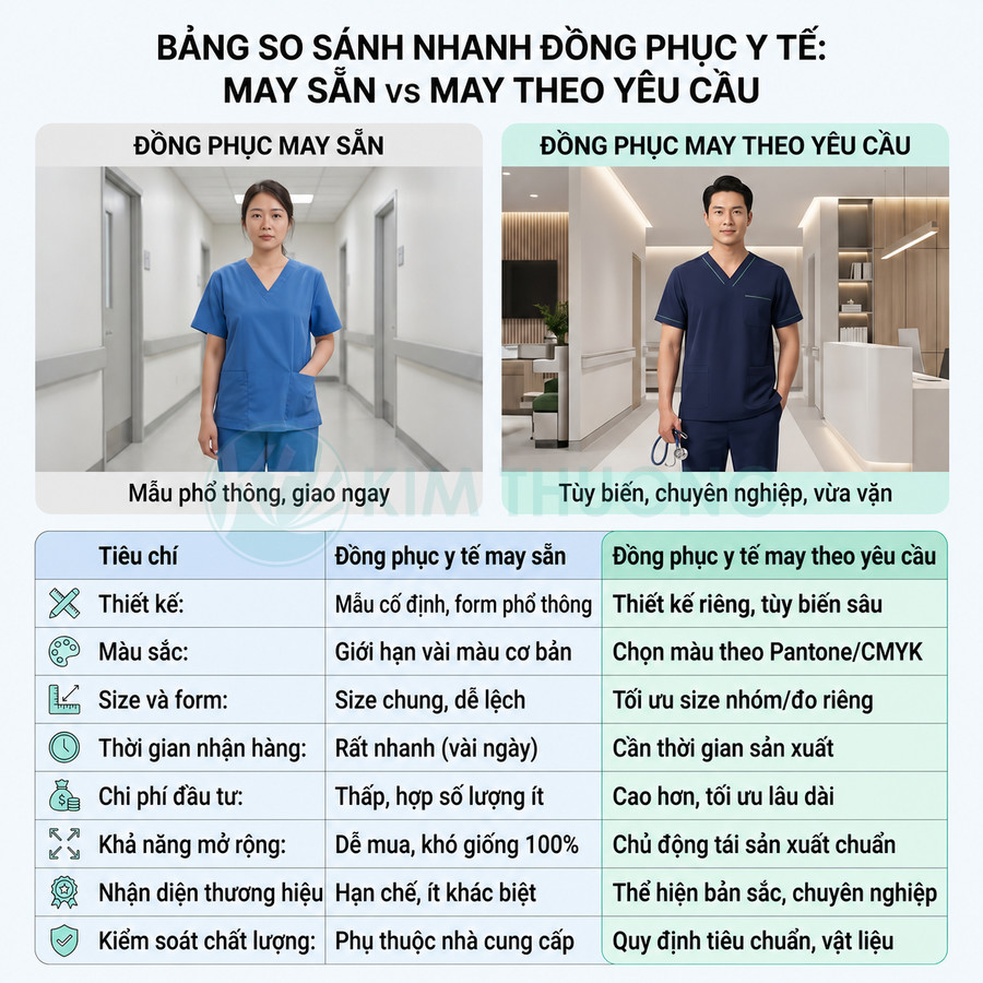 Bảng so sánh đồng phục y tế may sẵn và may theo yêu cầu với mẫu scrub xanh cho nam và nữ