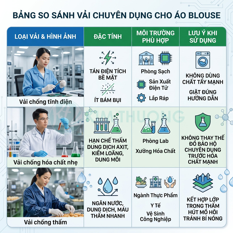 Bảng so sánh các loại vải chuyên dụng cho áo blouse phòng lab, chống tĩnh điện, chống hóa chất và chống thấm