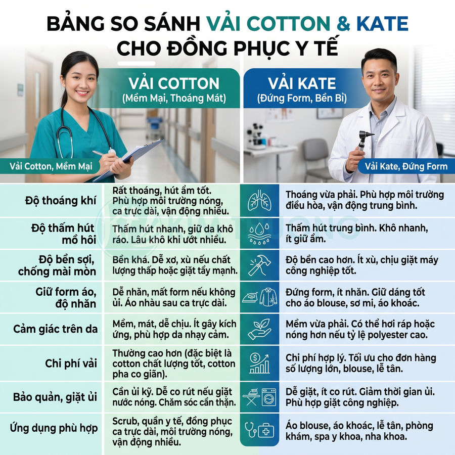 Bảng so sánh ưu nhược điểm vải cotton và vải kate cho đồng phục y tế với hình ảnh bác sĩ, y tá minh họa