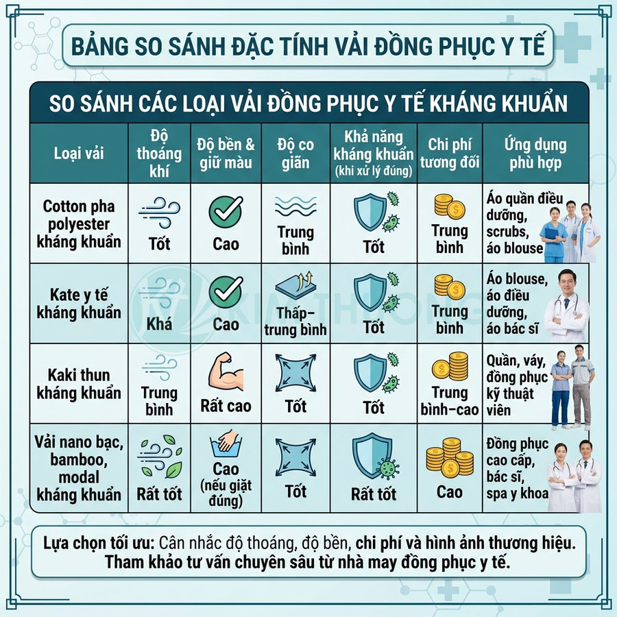 Bảng so sánh các loại vải kháng khuẩn dùng may đồng phục y tế với hình ảnh bác sĩ và điều dưỡng