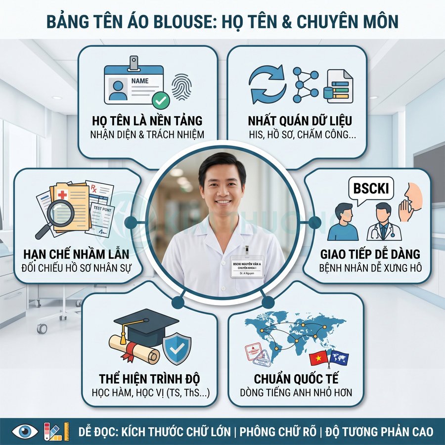 Bảng tên áo blouse cho bác sĩ ghi rõ họ tên và chuyên môn giúp nhận diện, giao tiếp và quản lý hồ sơ
