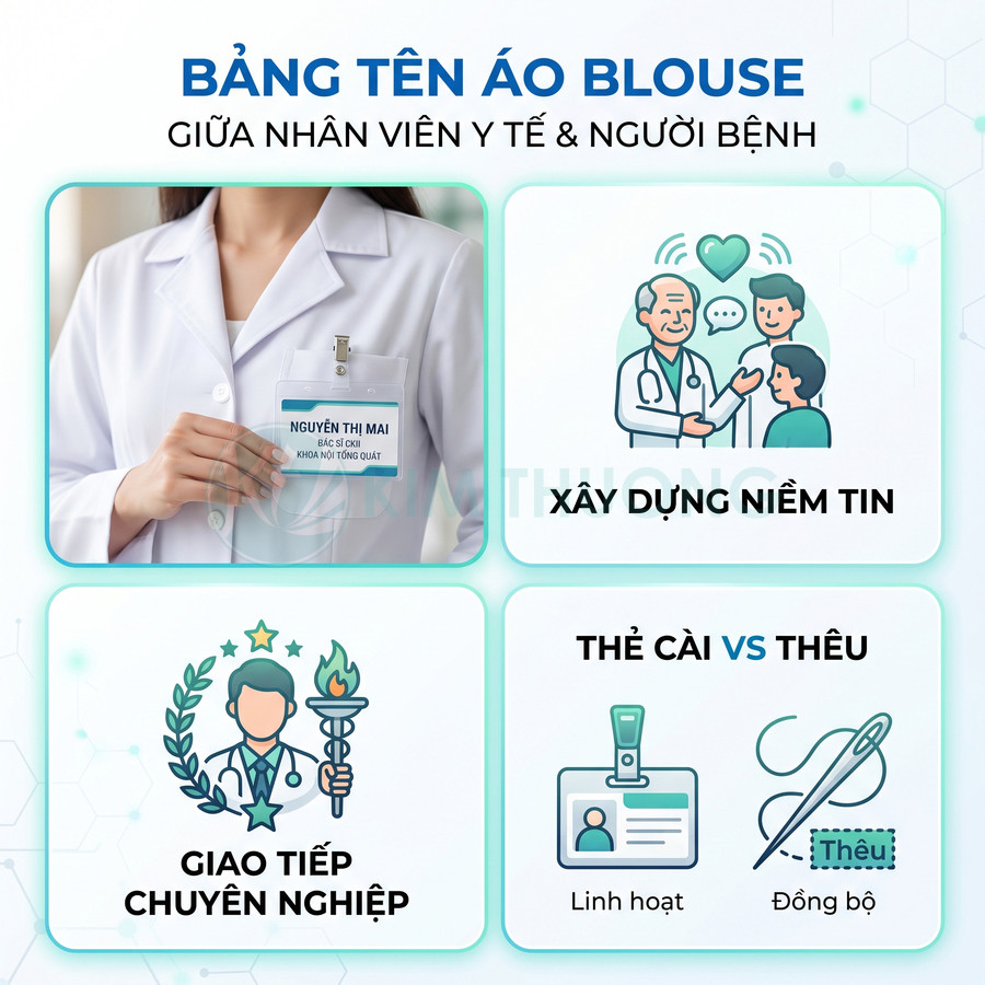 Bảng tên áo blouse cho nhân viên y tế giúp giao tiếp chuyên nghiệp và xây dựng niềm tin với người bệnh