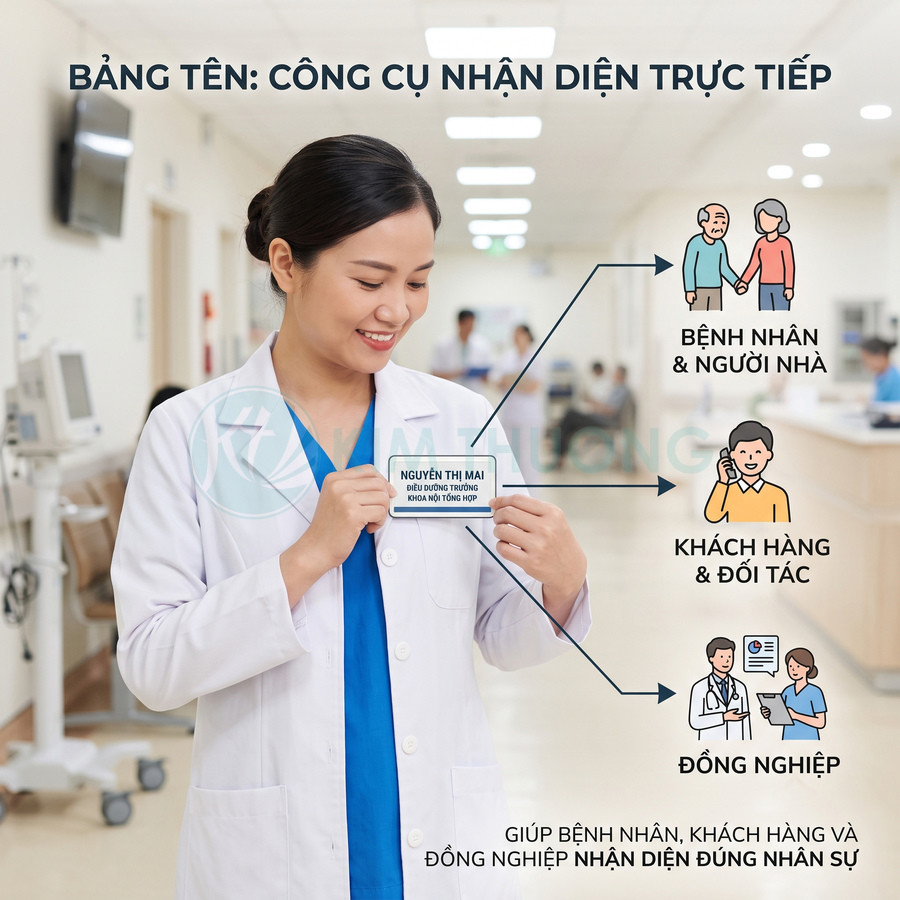 Nữ bác sĩ mặc áo blouse cầm bảng tên nhân viên bệnh viện giúp bệnh nhân và đồng nghiệp nhận diện