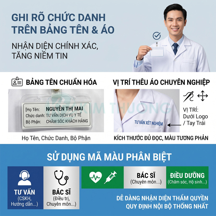 Mẫu bảng tên và thêu chức danh trên áo blouse cho nhân viên y tế, dễ nhận diện chức vụ và bộ phận