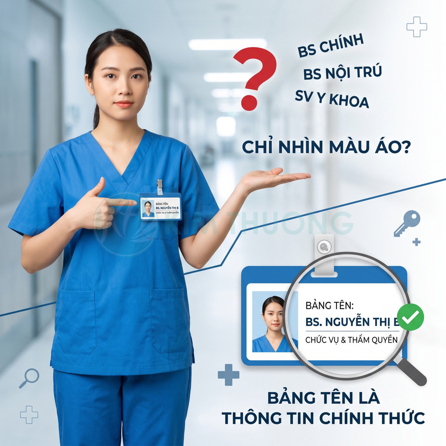 Nữ nhân viên y tế mặc đồ scrubs xanh chỉ vào bảng tên đeo ngực trong hành lang bệnh viện