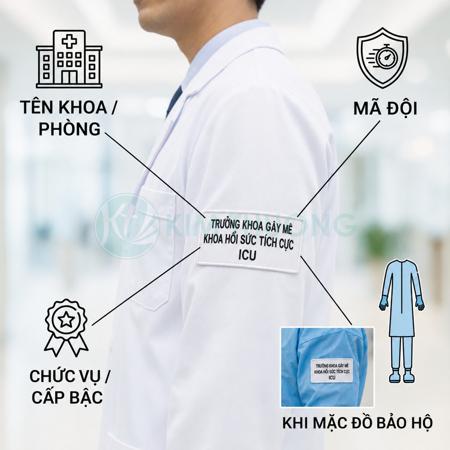 Băng tay tên khoa và chức vụ trưởng khoa gây mê hồi sức ICU gắn trên áo blouse bác sĩ