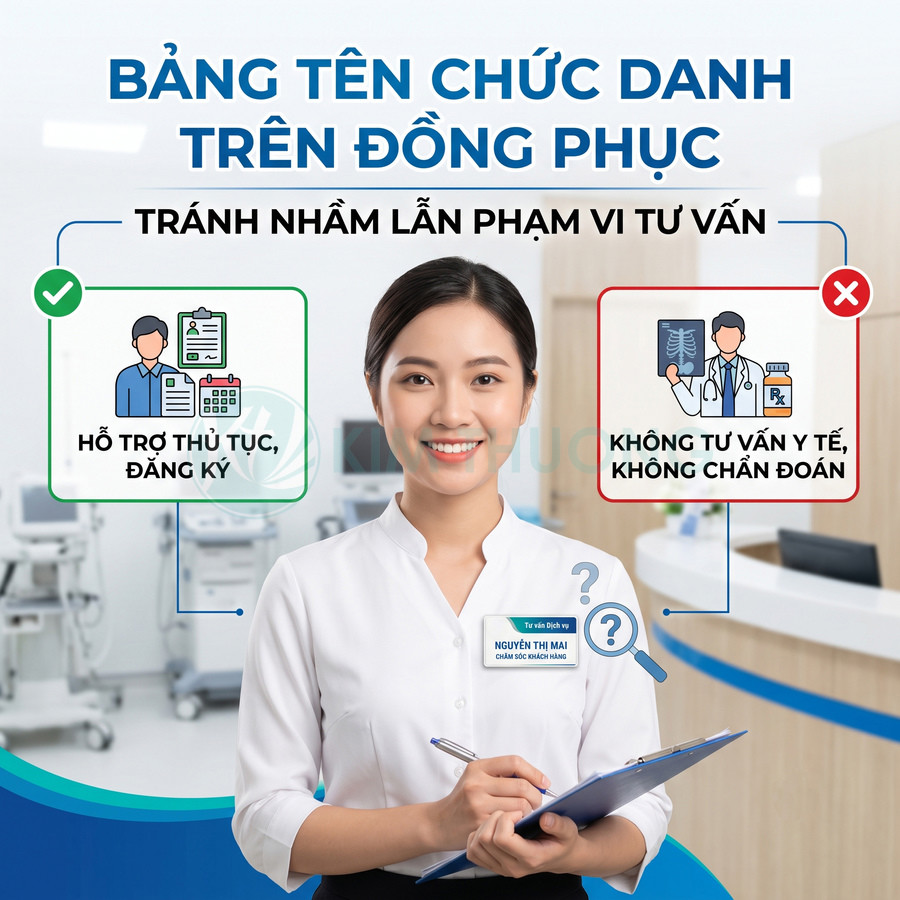 Nhân viên chăm sóc khách hàng mặc đồng phục đeo bảng tên chức danh, cầm bìa hồ sơ trong phòng khám