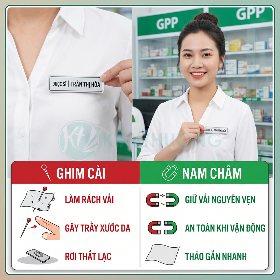 Bảng tên dược sĩ gắn áo bằng nam châm màu trắng đen, nhân viên nhà thuốc mặc sơ mi trắng cười thân thiện
