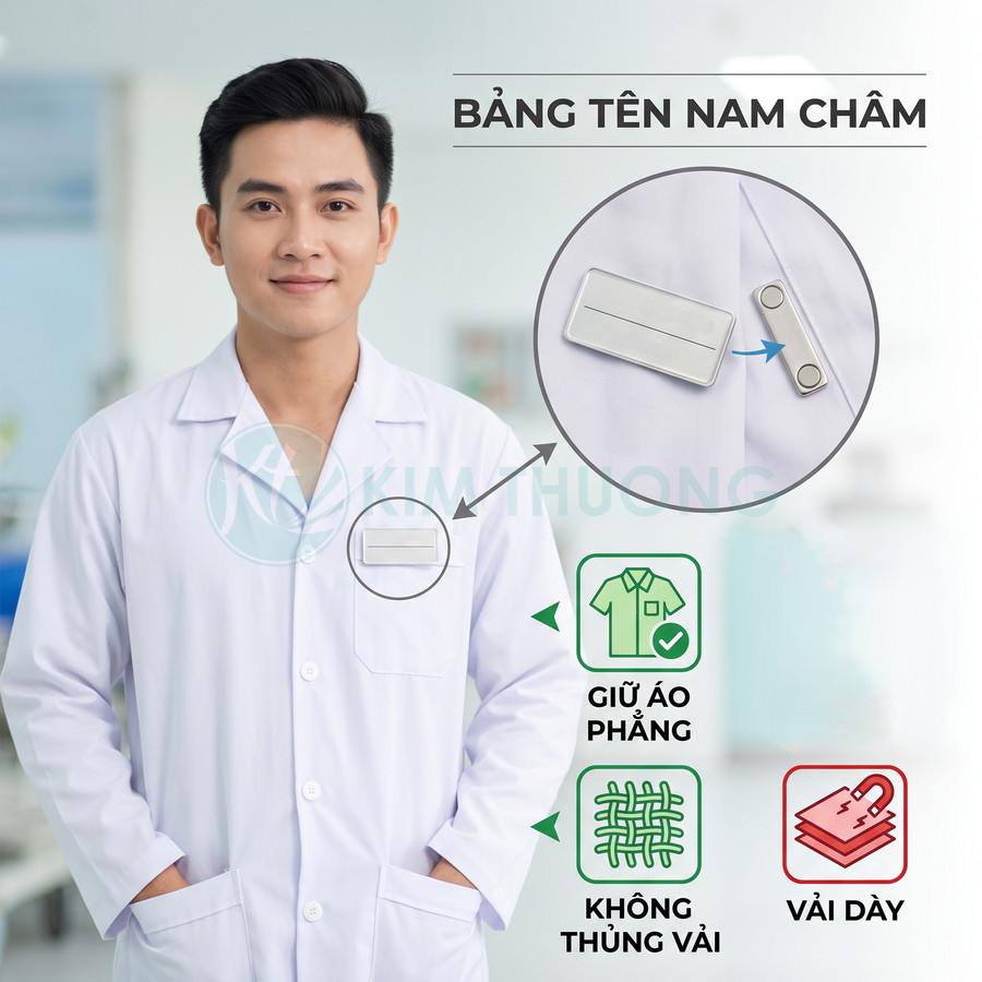 Bảng tên nam châm gắn áo blouse trắng cho nhân viên y tế, giữ áo phẳng không làm thủng vải