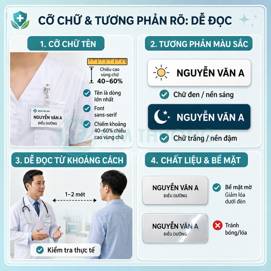 Hướng dẫn thiết kế thẻ tên nhân viên y tế dễ đọc với cỡ chữ lớn, tương phản màu rõ và bề mặt mờ chống lóa