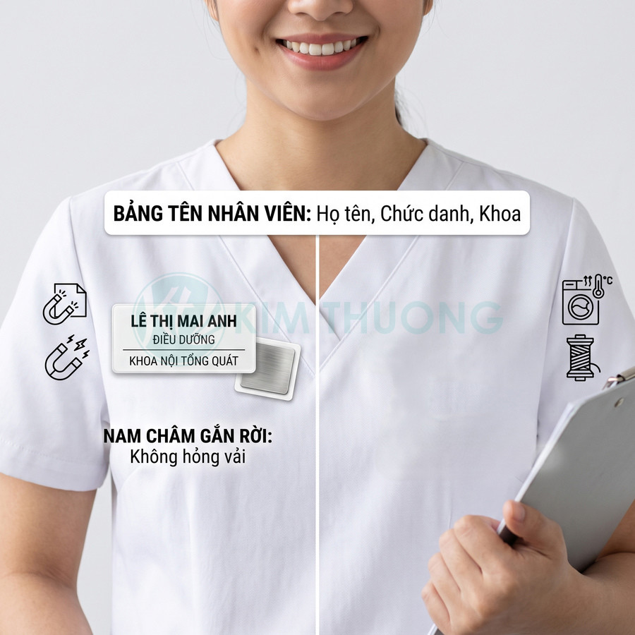 Bảng tên nhân viên y tế gắn nam châm trên áo blouse trắng, in họ tên chức danh và khoa điều trị